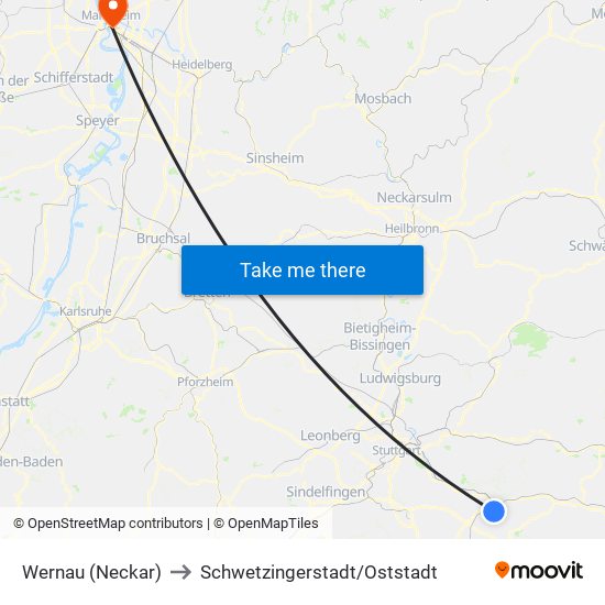 Wernau (Neckar) to Schwetzingerstadt/Oststadt map