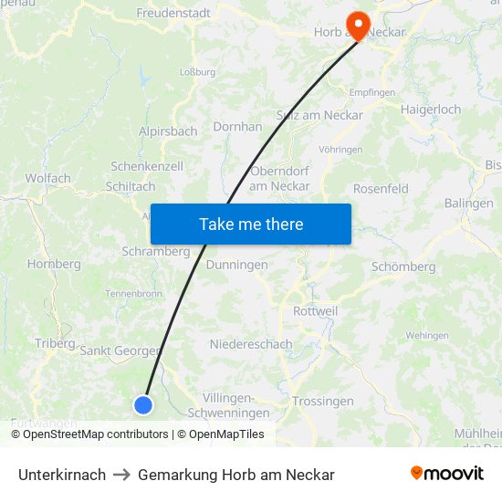 Unterkirnach to Gemarkung Horb am Neckar map