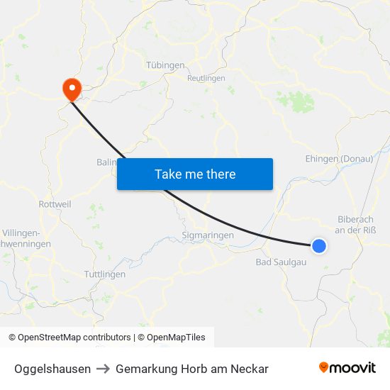 Oggelshausen to Gemarkung Horb am Neckar map