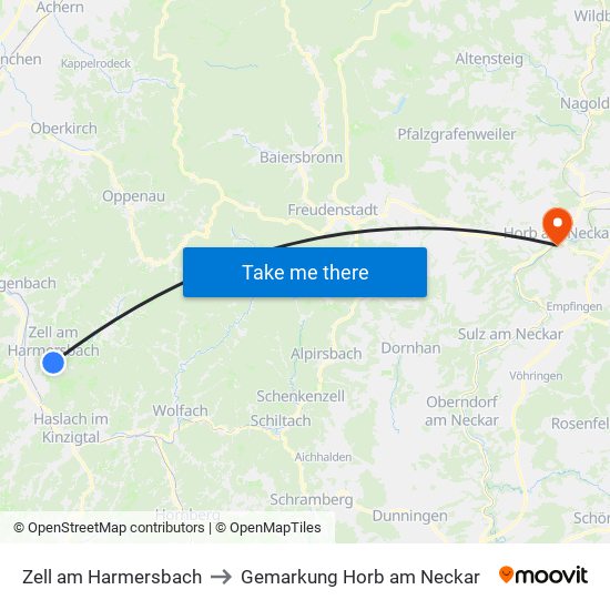 Zell am Harmersbach to Gemarkung Horb am Neckar map