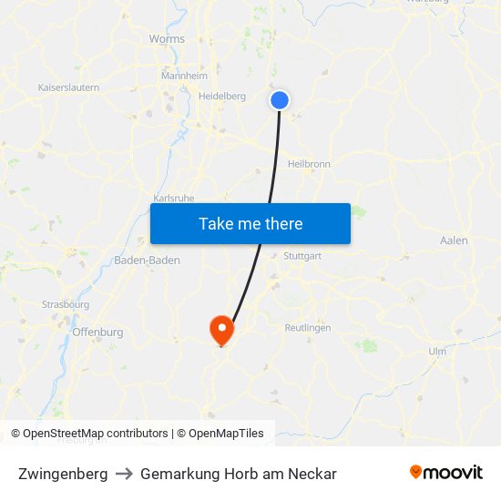 Zwingenberg to Gemarkung Horb am Neckar map