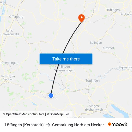 Löffingen (Kernstadt) to Gemarkung Horb am Neckar map