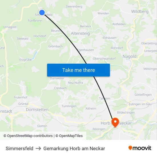 Simmersfeld to Gemarkung Horb am Neckar map