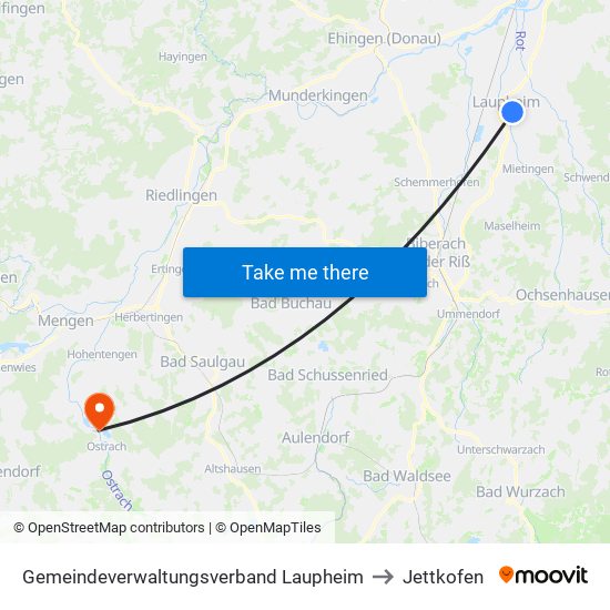 Gemeindeverwaltungsverband Laupheim to Jettkofen map
