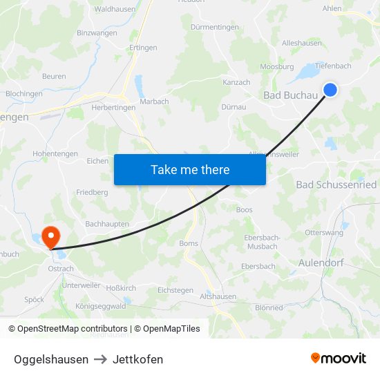 Oggelshausen to Jettkofen map