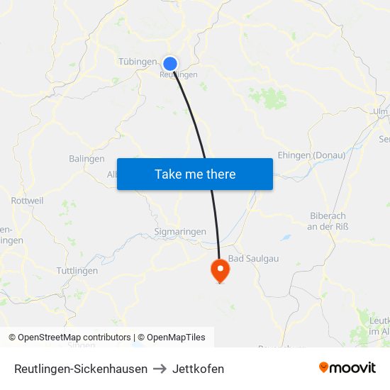 Reutlingen-Sickenhausen to Jettkofen map