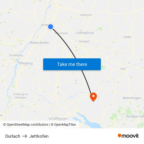 Durlach to Jettkofen map