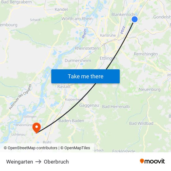 Weingarten to Oberbruch map