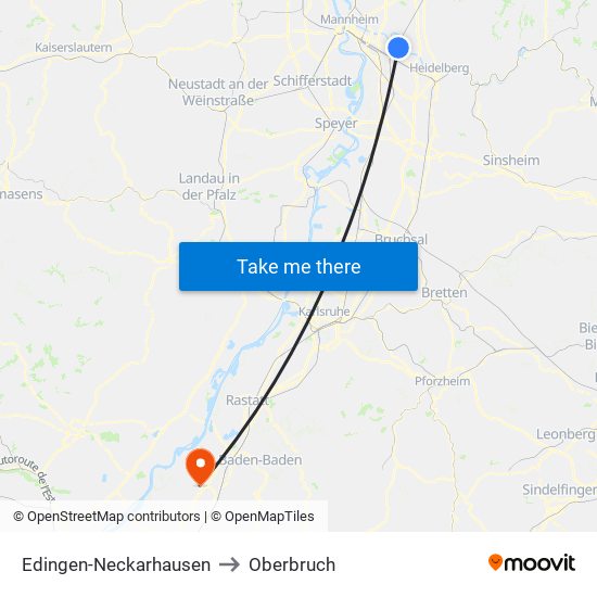 Edingen-Neckarhausen to Oberbruch map