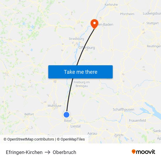 Efringen-Kirchen to Oberbruch map