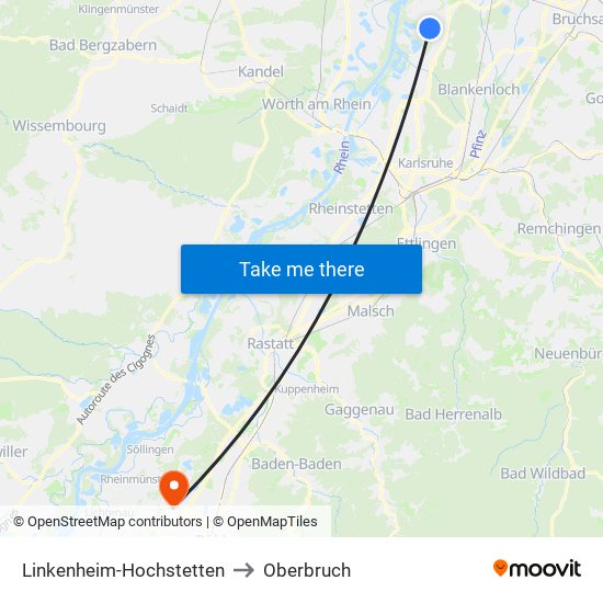 Linkenheim-Hochstetten to Oberbruch map