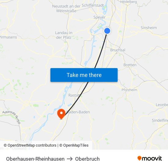 Oberhausen-Rheinhausen to Oberbruch map