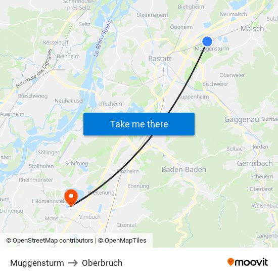 Muggensturm to Oberbruch map