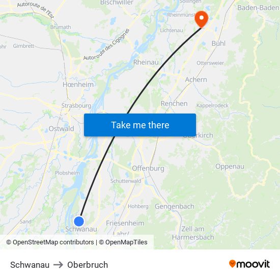 Schwanau to Oberbruch map