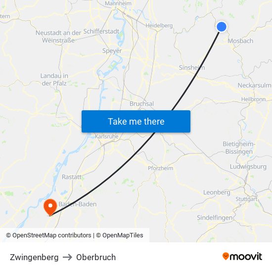 Zwingenberg to Oberbruch map