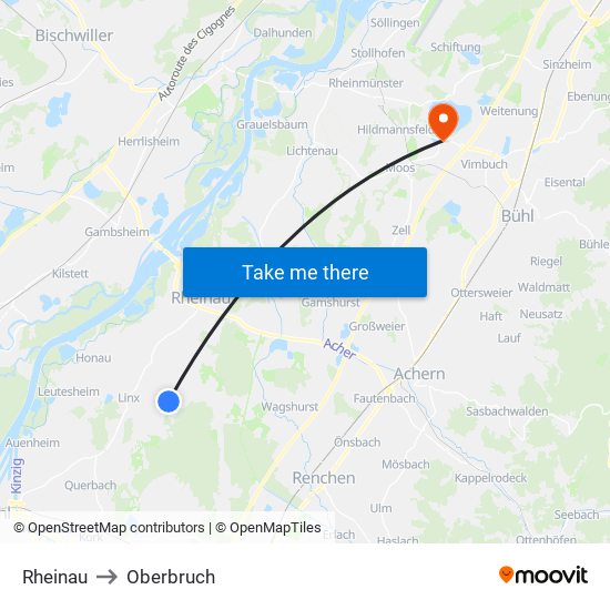 Rheinau to Oberbruch map