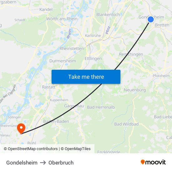 Gondelsheim to Oberbruch map