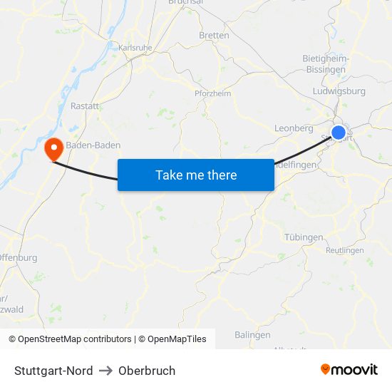 Stuttgart-Nord to Oberbruch map