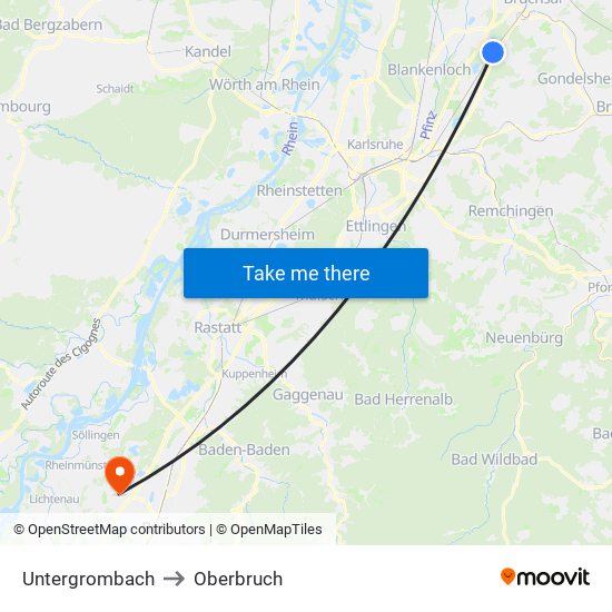 Untergrombach to Oberbruch map