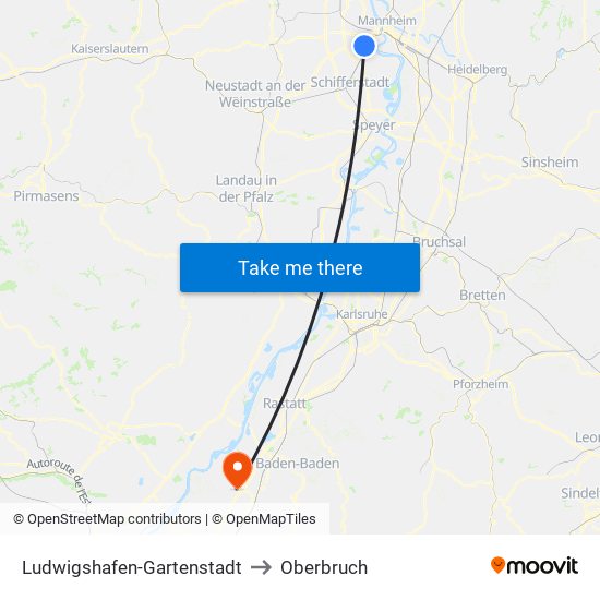 Ludwigshafen-Gartenstadt to Oberbruch map