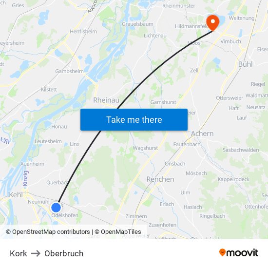 Kork to Oberbruch map