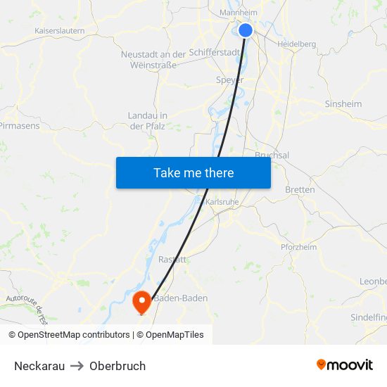 Neckarau to Oberbruch map