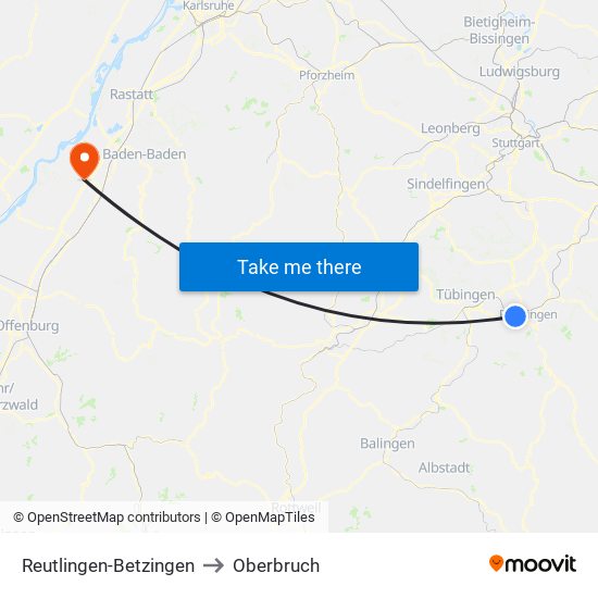 Reutlingen-Betzingen to Oberbruch map