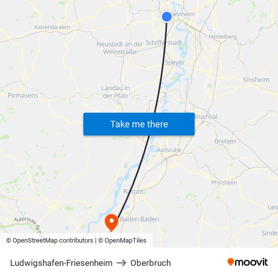 Ludwigshafen-Friesenheim to Oberbruch map