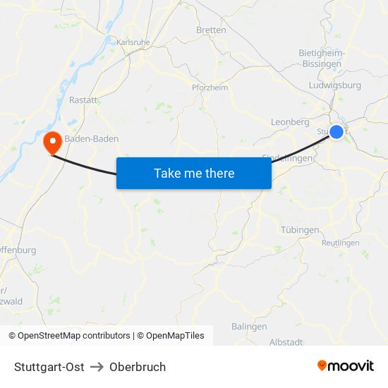 Stuttgart-Ost to Oberbruch map