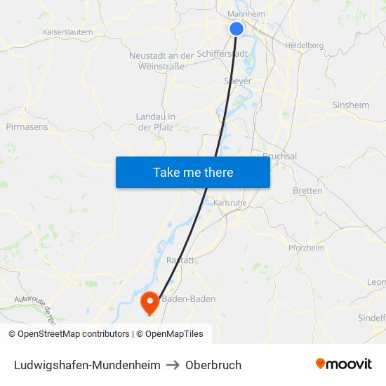 Ludwigshafen-Mundenheim to Oberbruch map