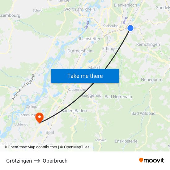 Grötzingen to Oberbruch map