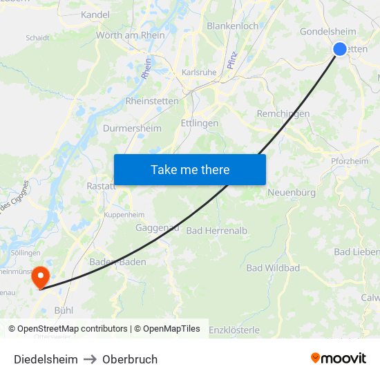 Diedelsheim to Oberbruch map