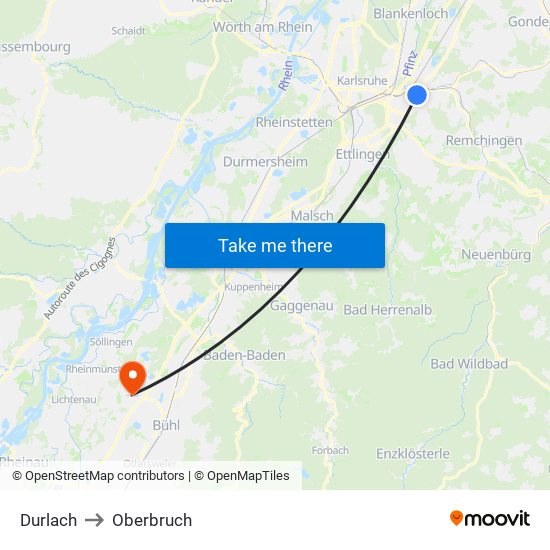 Durlach to Oberbruch map