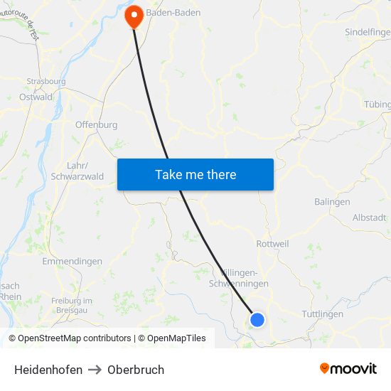 Heidenhofen to Oberbruch map