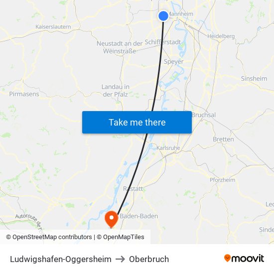 Ludwigshafen-Oggersheim to Oberbruch map