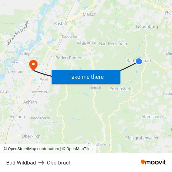 Bad Wildbad to Oberbruch map
