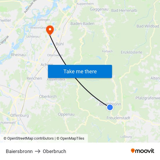 Baiersbronn to Oberbruch map