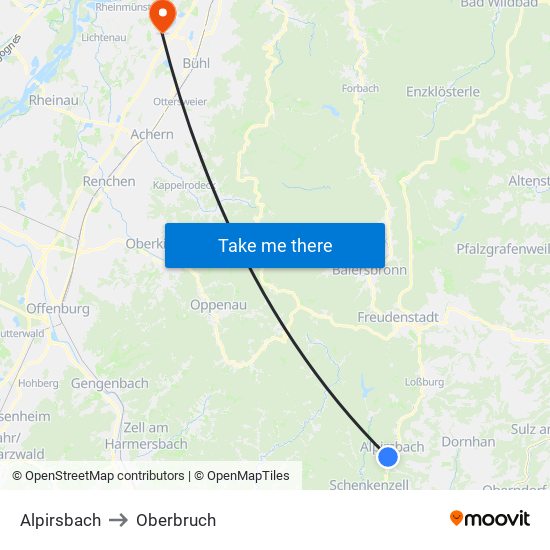 Alpirsbach to Oberbruch map