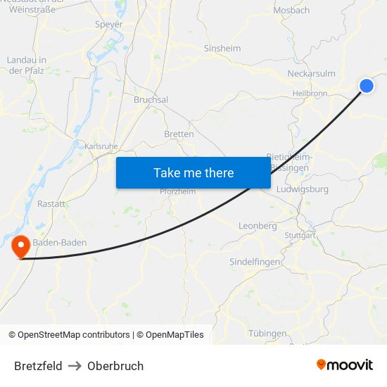Bretzfeld to Oberbruch map
