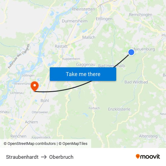 Straubenhardt to Oberbruch map