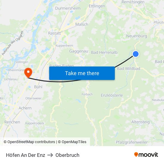 Höfen An Der Enz to Oberbruch map