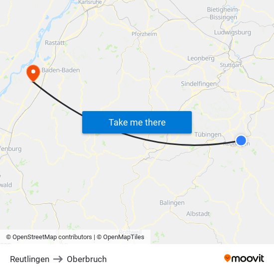 Reutlingen to Oberbruch map