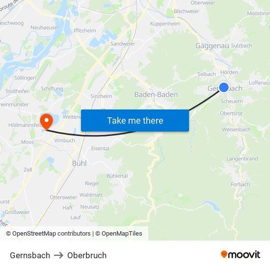 Gernsbach to Oberbruch map