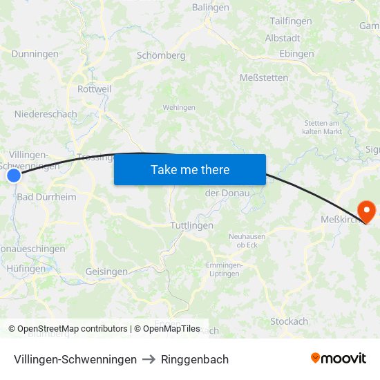 Villingen-Schwenningen to Ringgenbach map