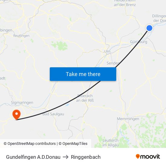 Gundelfingen A.D.Donau to Ringgenbach map