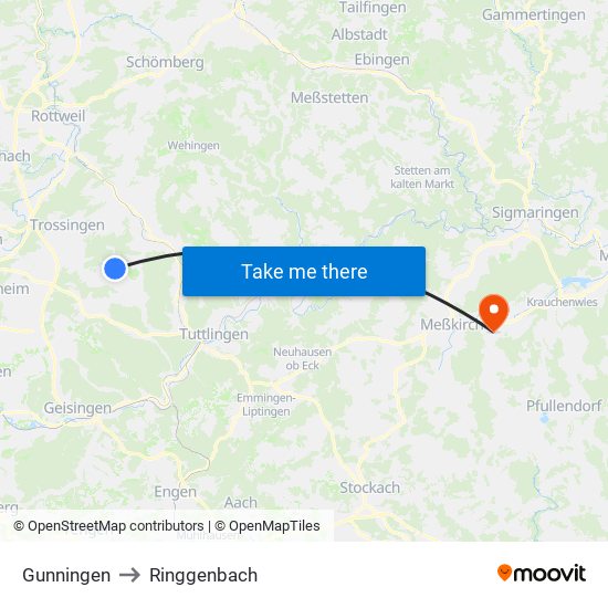 Gunningen to Ringgenbach map