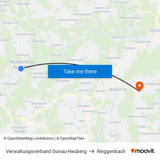 Verwaltungsverband Donau-Heuberg to Ringgenbach map