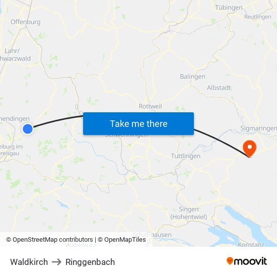 Waldkirch to Ringgenbach map