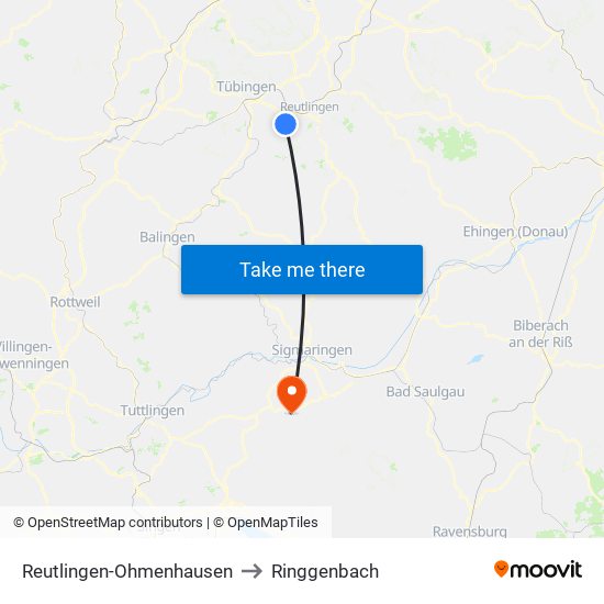 Reutlingen-Ohmenhausen to Ringgenbach map