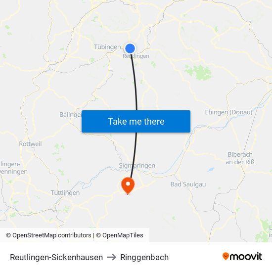 Reutlingen-Sickenhausen to Ringgenbach map